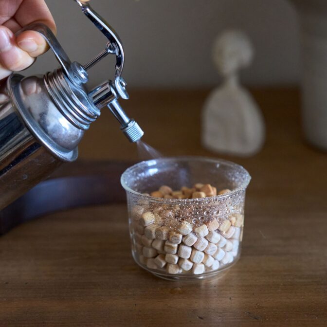 霧吹きをすると加湿できます